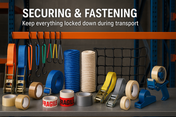 🎯 SECURING & FASTENING
Keep everything locked down during transport
Straps & Tie-Downs
Ratchet Straps (1", 2" widths)
Bungee Cords (Various Lengths)
Rope & Cord (Nylon, Cotton)
Cargo Nets
E-Track Straps
Cam Buckle Straps
Tape & Adhesives
Heavy Duty Packing Tape (Clear, Brown)
Fragile Tape (Printed Warning)
Duct Tape (Professional Grade)
Masking Tape
Double-Sided Tape
Tape Dispensers (Hand-held, Tabletop)