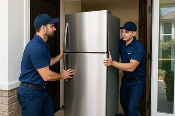A DELIVERY TEAM TWO GUYS DELIVERYNG A FRIDGE IN A HOUSE WITH BLUE NAVY UNIFORM