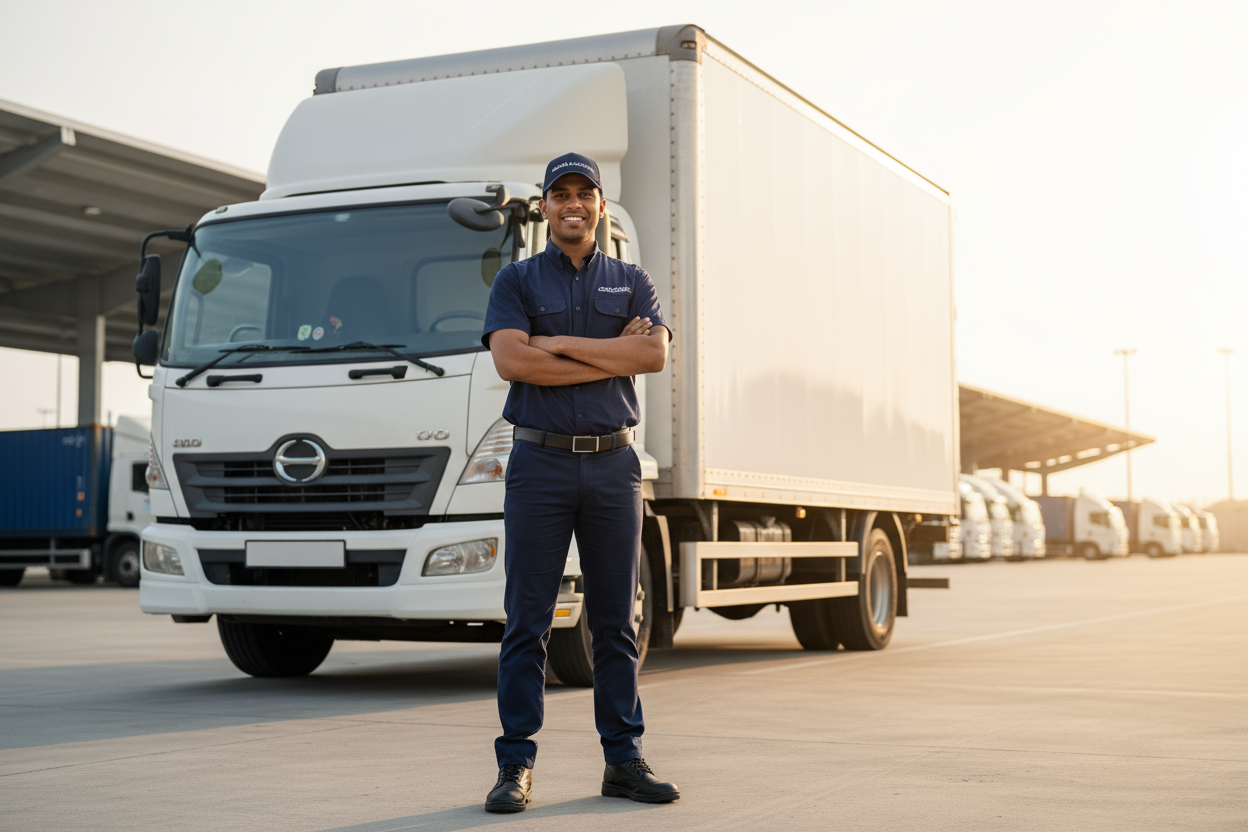 box truck driver in blue navy uniform