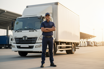 box truck driver in blue navy uniform